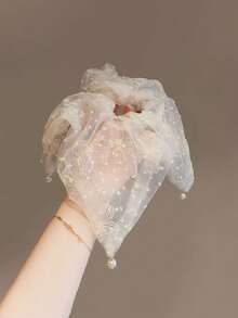 1pc Luxury Hair Accessory With Chiffon Embroidery - Elegant Polka Dot Pearl Bandana Pendant Hair Tie, Gentle Styling Scrunchie For Women ,Ponytail Holders ,Hair Elastics ,Hair Rubber Bands ,Hair Rope