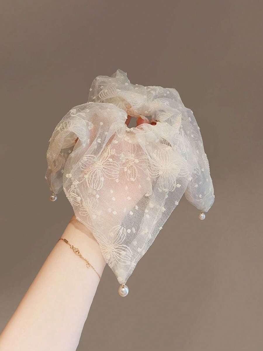 1pc Luxury Hair Accessory With Chiffon Embroidery - Elegant Polka Dot Pearl Bandana Pendant Hair Tie, Gentle Styling Scrunchie For Women ,Ponytail Holders ,Hair Elastics ,Hair Rubber Bands ,Hair Rope