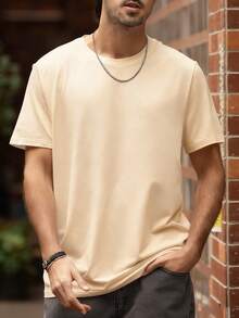 Men's Casual Solid Color Short Sleeve T-Shirt, Comfortable & Breathable, Summer Style - Apricot - View 3