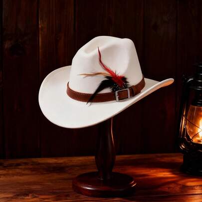 Women Men Western Cowgirl Hats With Feather Fashionable Wide Brim Fedora Caps For Outdoor Travel