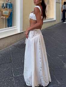 Women 2 Piece Cover Up Set Tie-Up Cami Tops And Patchwork Lace Low Rise Long Skirt For Beach Party - White - View 7
