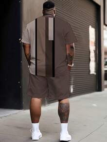 2pcs/Set Plus Size Men's Brown Patchwork Outfit, Casual Short Sleeve T-Shirt + Shorts With Crown & K Decor, Summer Set - Camel - View 2