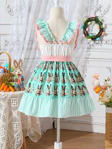 Vestido con estampado de conejito de pascua, diseño de lazo y volantes en el bajo, adecuado para fotografía, festivales y eventos temáticos, para niñas - verde menta - Ver 2
