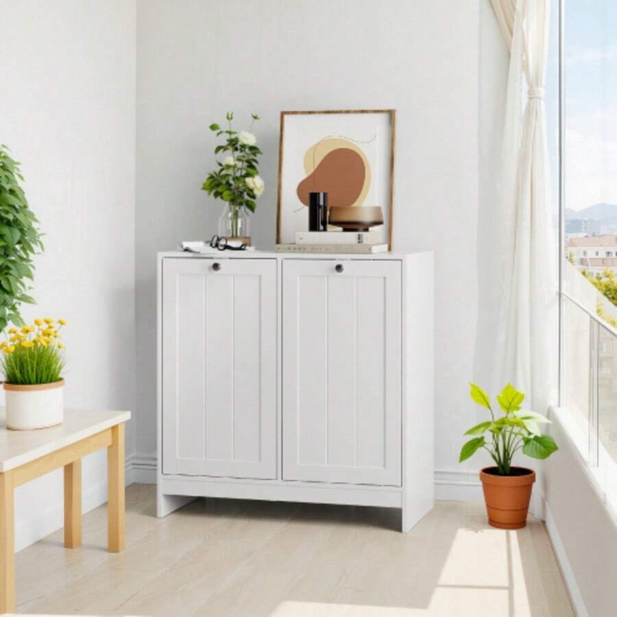 Tilting Laundry Basket With Removable Hamper, Hidden Laundry Basket, Bathroom Laundry Basket Storage Cabinet, Freestanding Home Organizer, White - White - View 1