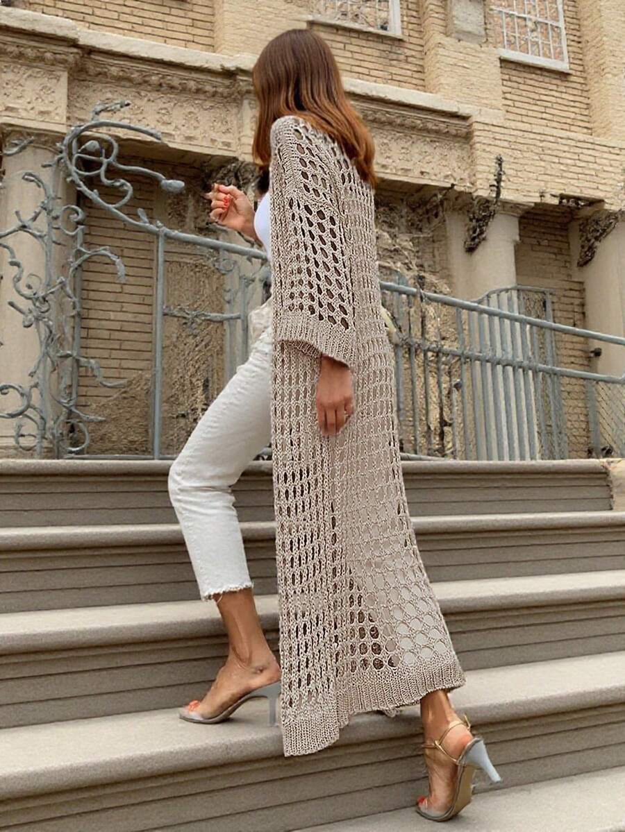 Women's Solid Color Vacation Matching Hollow Out Long Cardigan - Khaki - View 1