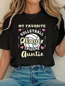 Camiseta de algodón para mujeres Mi jugador de voleibol favorito me llama tía Camiseta cómoda para mujeres - Negro - Ver 6