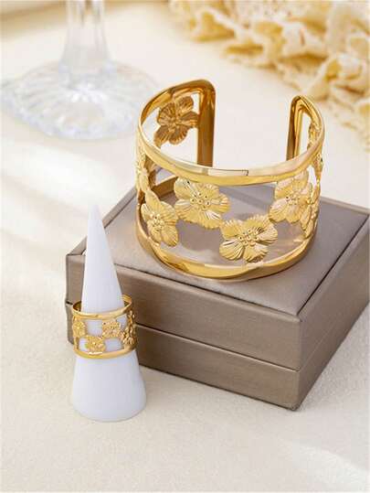 2 Stück/Set Blumen Armband & Ring Metall 5-Blüten Ketten Stil Schmuckset für Frauen, elegante & süße Accessoires geeignet für Bankette, Partys