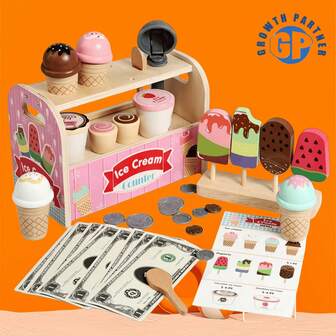 Juego de mostrador de helados de madera para niños, juego de comida y accesorios de juego de roles, juguetes educativos de juego de roles para niños y niñas