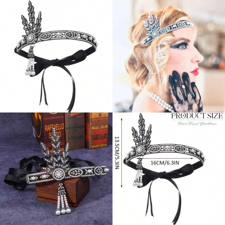 GORTIN- Diadema estilo Flapper de los años 20 tocado con hojas pedreria borlas de perlas tocado estilo coctelConveniente y duradero,Los favoritos de los niños - Negro - Ver 1