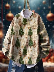 Christmas Tree Print Oversized Loose Fit Crew Neck Pullover Sweater, Casual Daily Wear, Lightweight For Autumn/Winter - Multicolor - View 1
