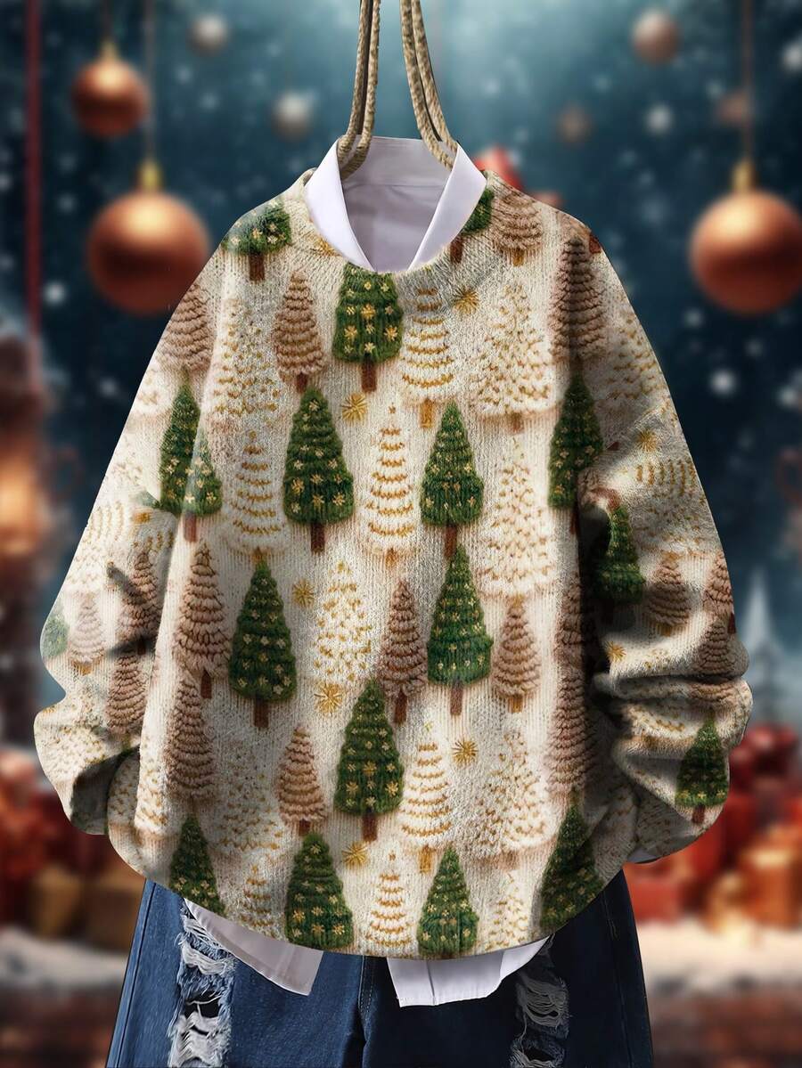 Christmas Tree Print Oversized Loose Fit Crew Neck Pullover Sweater, Casual Daily Wear, Lightweight For Autumn/Winter - Multicolor - View 1