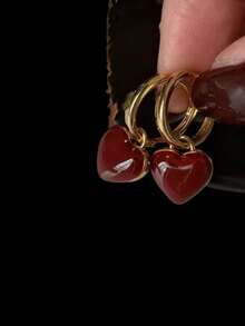 1 Pair Elegant Heart/Square Resin Drop Earrings, Minimalist Ear Studs - Burgundy - View 2