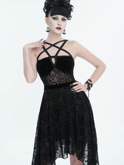 Devil fashion Asymmetric Hem Dress With Fashionable Net Pattern And Metal Buckle Decor