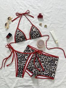 3 piezas Conjunto de bikini de mujer con estampado de leopardo y lazo rojo, traje de baño sexy con cuello de halter para playa, vacaciones y viajes - Rojo + estampado de leopardo - Ver 1