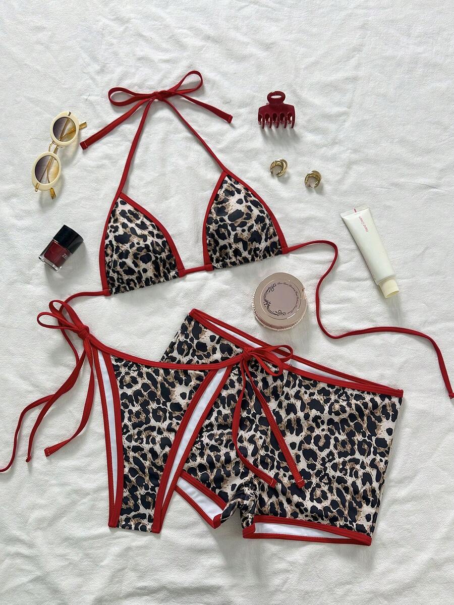 3 piezas Conjunto de bikini de mujer con estampado de leopardo y lazo rojo, traje de baño sexy con cuello de halter para playa, vacaciones y viajes - Rojo + estampado de leopardo - Ver 1
