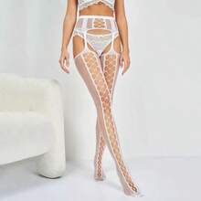 性感高弹力渔网袜，开裆蕾丝透明吊袜带，黑色丝绸性感渔网袜，防滑一体式吊袜带 - 彩色 - 查看 5