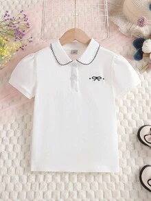 女童刺绣蝴蝶结领 Polo 短袖 T 恤 - 白色 - 查看 1