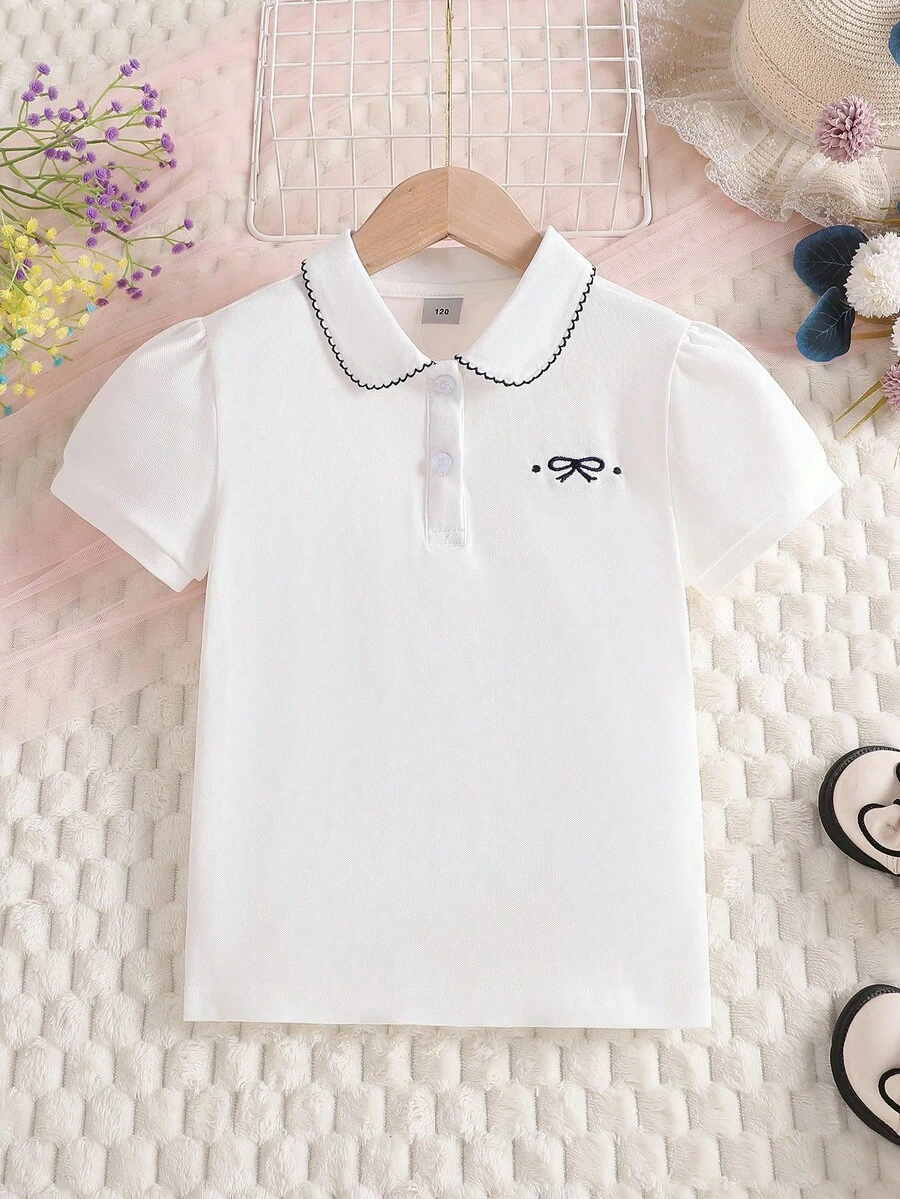 女童刺绣蝴蝶结领 Polo 短袖 T 恤 - 白色 - 查看 1