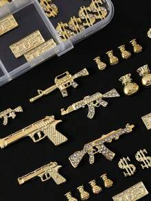 Bộ 62 món/hộp trang trí móng tay hình súng trường Desert Eagle, AK, tiền xu kiểu Y2K mạ vàng, phụ kiện móng tay 3D sang trọng, cá tính, dụng cụ làm móng Hàn Quốc/Nhật Bản, móng giả tự làm không mùi, trang trí ốp điện thoại, trang sức móng tay, đá trang trí móng, dụng cụ làm móng, đá đính và quà tặng trang trí. - Vàng - Xem 4