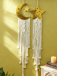 1 pezzo/2 pezzi Appendiabiti da parete intrecciato a forma di luna e stelle, decorazione da parete in macramè bohémien con lunghi nappine, elegante opera d'arte da parete per la casa, sfondo per feste e festival, creatore di atmosfera zen, pendente da parete per camera da letto, soggiorno e ingresso in stile fattoria, decorazione per vacanze, regalo di arredamento per la casa - Multicolore - Visualizzare 2