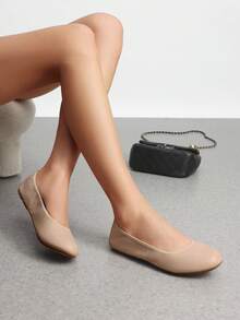 Women Round Toe Flats Casual Soft Bottom Foldable Ballet Flats  Comfortable Slip On Travel Vacation Office Wedding Shoes - 裸色 - 查看 2