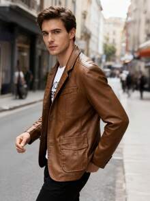 Street Motorcycle Style Men's Leather Jacket - Black And Brown Dual-Color PU Leather Jacket. A Outdoor Wear For Cycling And Daily Outings. A Gift For Boyfriends, Friends, Or For Group Cycling Events. Suitable For Spring And Autumn Seasons. - Brown - View 8