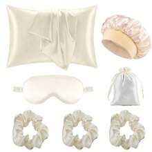 7 pièces Ensemble de sommeil pour femmes comprenant taie d'oreiller, bonnet de douche, masque pour les yeux, sac de rangement décoratif, chouchous, convient pour le sommeil nocturne - Multicolore - Voir 2