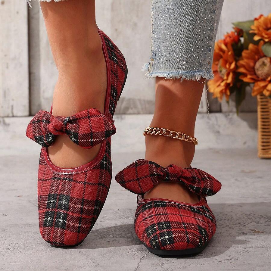 New Women Flat Slip-On Shoes, Plaid Bow Floral Design, Casual Breathable Low-Top Loafers