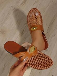 女士镂空网眼平底套脚鞋，舒适亚麻休闲穆勒凉鞋