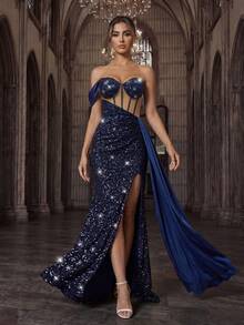 Sequin Party Formal Dress, Beaded Birthday Cocktail Evening Gown, Women's Solid Color Slit Sleeveless Backless Maxi Dress Wedding Spring - Navy Blue - View 3