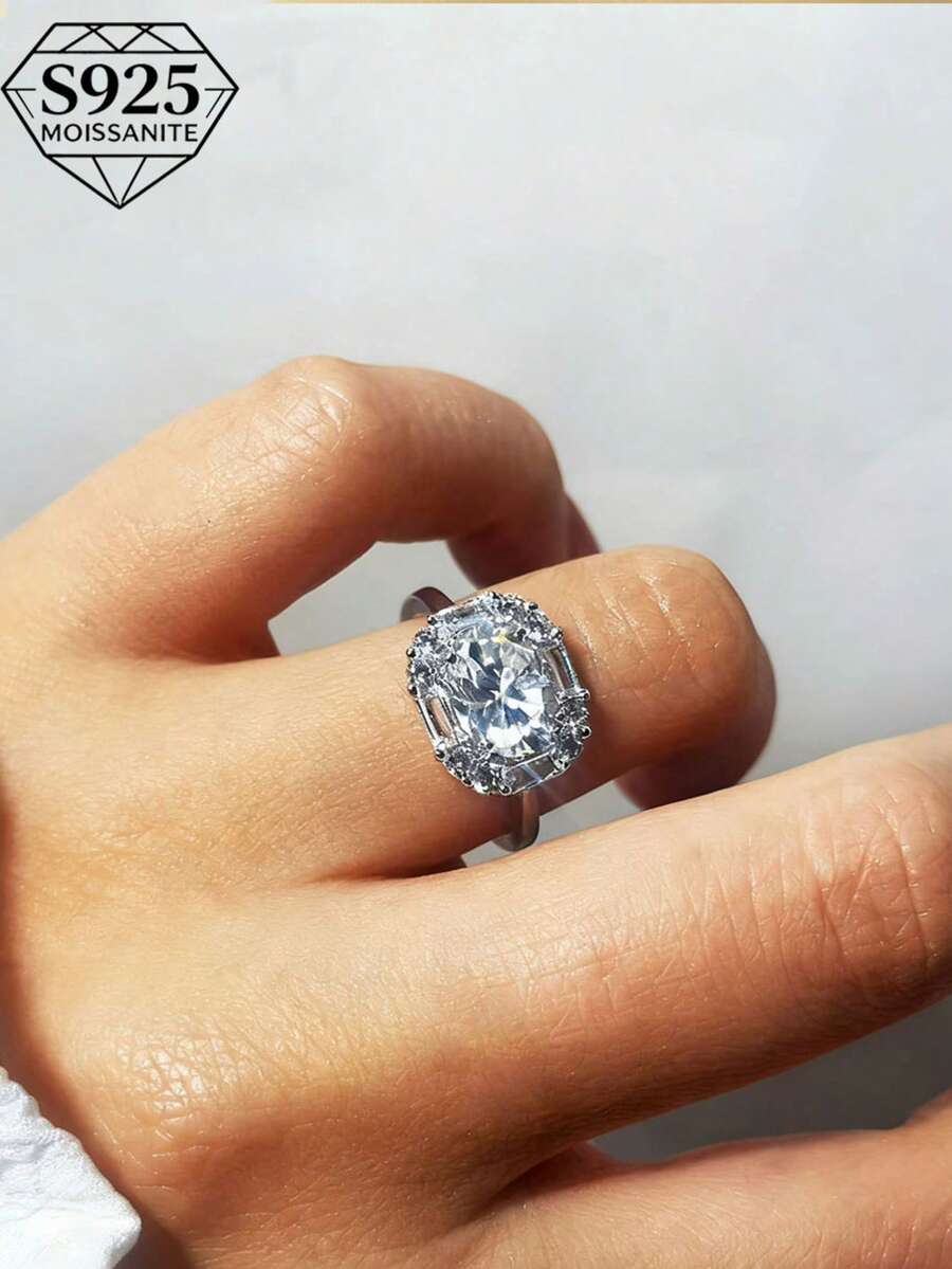 1枚椭圆形2克拉莫桑石戒指，低过敏性S925银，生日礼物，丈夫承诺戒指，订婚戒指，优雅密镶戒指，周年纪念惊喜礼物，感恩节礼物，附赠礼盒