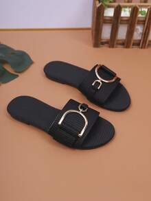 1双夏季新款条纹金扣凉鞋，女童时尚休闲露趾沙滩度假拖鞋，儿童休闲防滑平底凉鞋 - 黑色 - 查看 1