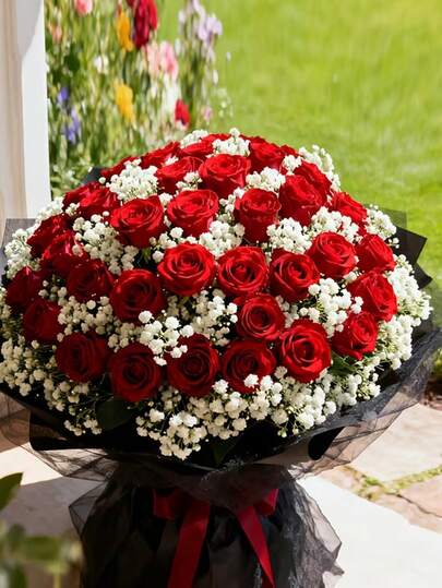 26pcs Red Rose & White Baby's Breath Mixed Bouquet, Suitable For Home Decor, Weddings, Home & Office Decoration, Mother's Day Floral Arrangement, Living Room Decor, Valentine's Day Decoration, Valentine's Gift