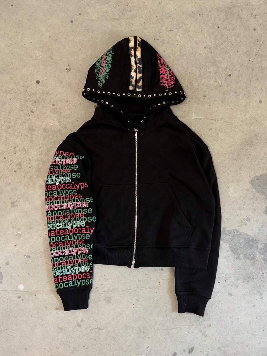 Sudadera con capucha estilo retro callejero Y2K, holgada, con detalles metálicos y cremallera personalizada - Negro - Ver 1