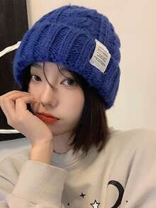 1顶女士多色针织帽，保暖防风，休闲优雅，秋冬季编织贴花针织帽，时尚百搭保暖针织帽，适合秋冬季节，女士秋冬季日式字母宽松针织帽，时尚保暖护耳头巾帽 - A - 查看 2