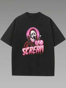 100% Cotton Men Cute Scream Ghost Face T-Shirt Heavy Cotton T Shirt - 黑色 - 查看 6