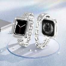 Bracelet de montre scintillant + Boîtier de protection double rangée de diamants creux compatible avec Apple Watch 38/40/41/42/44/45/49 mm compatible avec Apple Watch Series Ultra 10/9/SE/8/7/6/5/4/3. Bracelet de montre brillant à la mode pour femmes - Argent - Voir 3