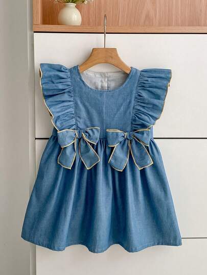 Summer Girls Sleeveless Denim Dress, New Korean Sweet Bowknot Backless Sundress For Toddler & Little Young Girl