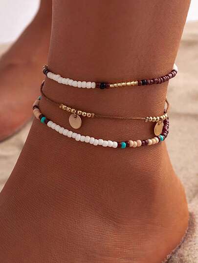 3pcs/Set Bohemian Style Beaded Anklet, Vintage Round Sequin Anklet Jewelry Accessories For Women, Summer Beach Barefoot