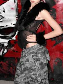 Top Dazzle 女士无袖露背透视连体衣，仿毛皮垂领设计，撞色网纱拼接，黑色针织面料背心，中等弹力 - 黑色 - 查看 3