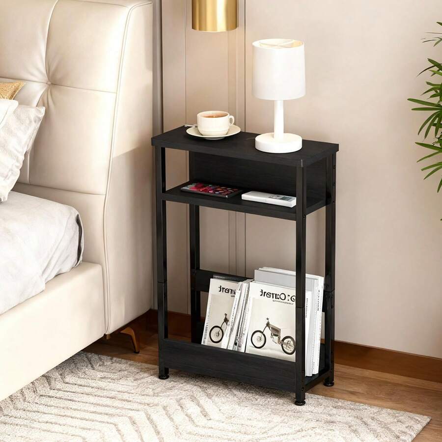 Techigher Narrow Side Table, 3-Tier End Table With Storage Shelf, Thin Sofa Side Table For Narrow And Small Spaces, Bedside Table Nightstand For Living Room - Black - View 1