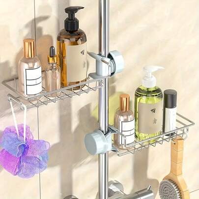 Kraftig duschhylla i rostfritt stål - Borrfri badrumsförvaring med krokar, platsbesparande väggmonterad duschhylla för schampo, balsam, tvål, duschtvål - Enkel att installera på badrum eller duschdörr, snygg metallfinish, rostbeständigt material