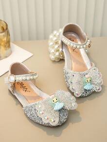 1 Pair Girls' Princess Bow Rhinestone Teddy Bear Cute Sandals, Casual Versatile Flat Slide Sandals, Suitable For Toddler, Little, Big Kids, Spring/Summer/Autumn - Silver - View 5