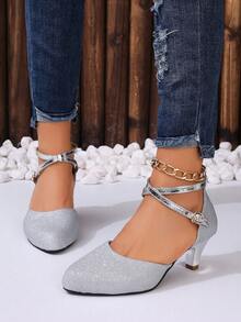 Giày cao gót quai ngang mắt cá chân cho bé gái - Giày khiêu vũ lấp lánh dự tiệc, giày cao gót mũi kín thanh lịch, phù hợp cho các sự kiện trang trọng, thoải mái và thời trang. - Bạc - Xem 2