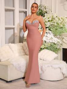 新款女士性感钻石修身连衣裙，绷带连衣裙，婚礼伴娘礼服紧身裹身长裙女士正式宴会节日圣诞派对礼服 - 西瓜粉 - 查看 8