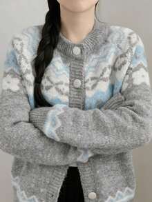 Women's Casual Vacation Style Floral & Geometric Pattern Raglan Sleeve Button-Up Cardigan