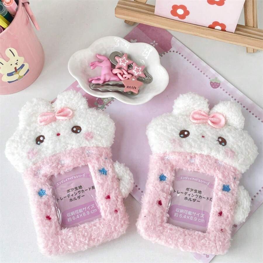 [Cute Rabbit Card Holder For Girls] Furry Bunny Doll With Creative Tea Cup Shape, Campus Card Bus Card Holder Pendant, Multi-Functional Portable Storage Card Holder, Girly Heart School Bag Pendant - Teacup Rabbit Card Holder - View 1