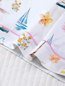 Marira 2pcs Women's Sleepwear Set, Hawaiian Flower & Sailboat Print, Fashionable Outfit For Parties, Short Sleeve Shirt Collar Button-Up Top And Elastic Shorts, Casual Loungewear For Outdoor & Indoor, All Season - 白色 - 查看 5