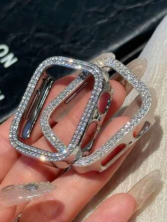 双层闪亮水晶水钻保护壳，2个装硬质PC超镂空表壳，兼容 38/40/41/42/44/45/46/49mm，适用于 Series Ultra/SE/11/10/9/8/7/6/5/4/3/2/1，智能手表表壳配件，银色+星光色