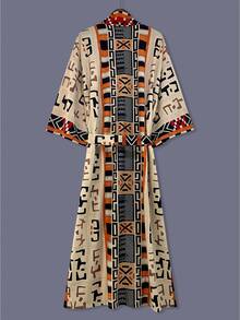 Bohemian Style Striped & Plaid Print Mid-Length Kimono Cover Up Thin Outerwear For Women, Elegant Street Casual Cover-Up, Beach Travel Holiday Robe, Dress Shawl Thin Cloak Outerwear - Apricot - View 3